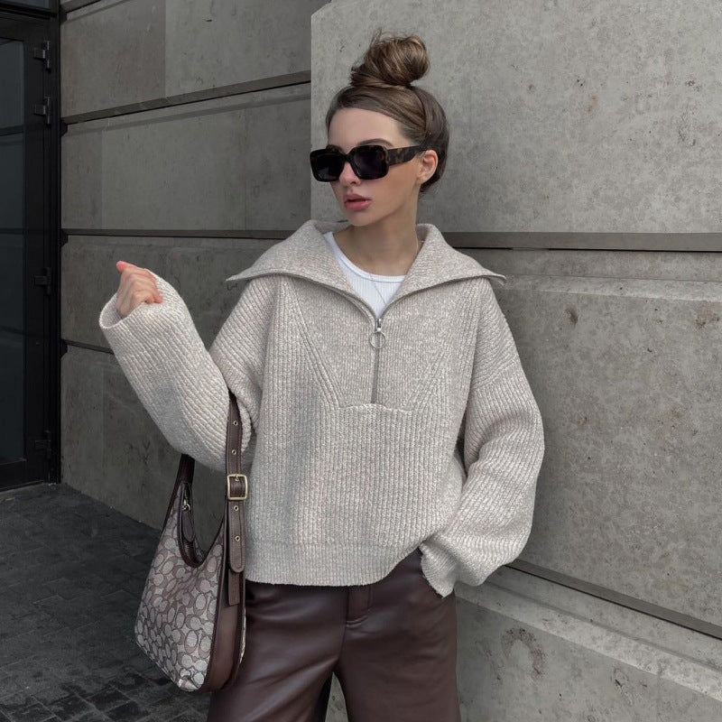 Streetwave Zip Front Rib Knit Pullover Soft Warm Versatile Casual Chic For Women Everyday Wear