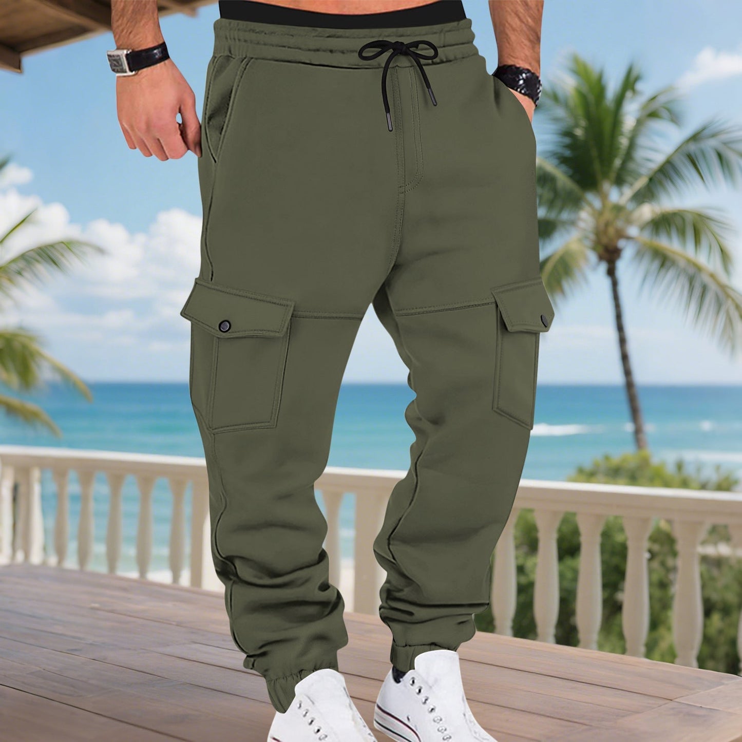 Men's Cargo Sweatpants Street Wave With Practical Side Pockets And Elastic Waistband For Style Conscious Men