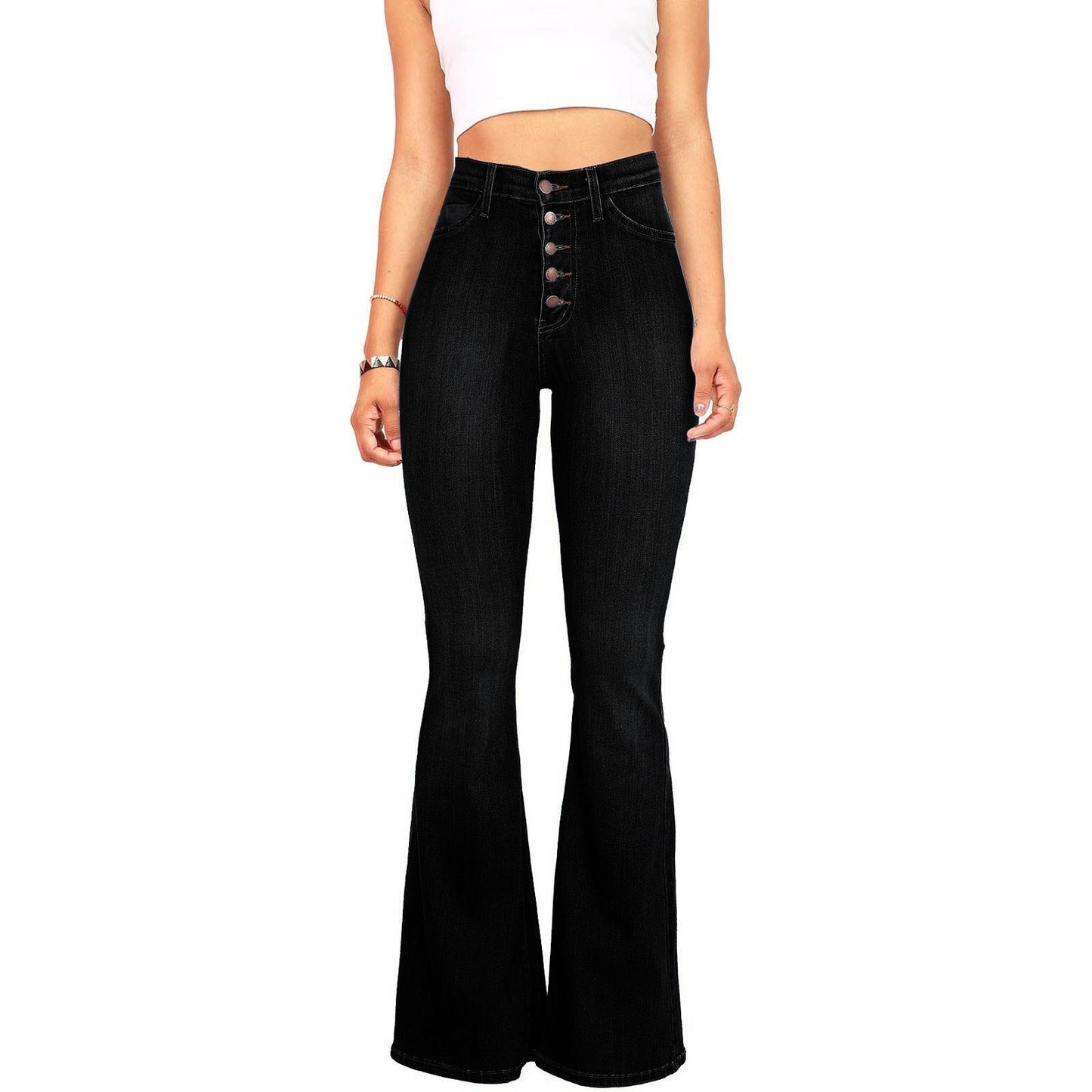 Street-Wave Womens Flared Jeans With High Waist Silhouette And Decorative Button Placket