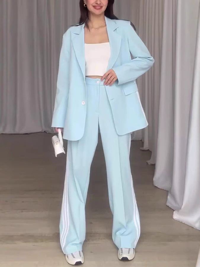 Street-wave Women Blazer Pants Set With Contrast Stripes For Chic Breathable Comfort