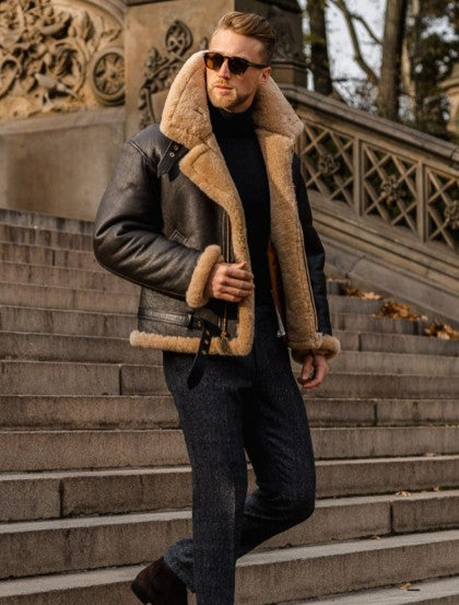Street-Wave Men's Leather Bomber Jacket With Warm Shearling Collar For Cold Weather