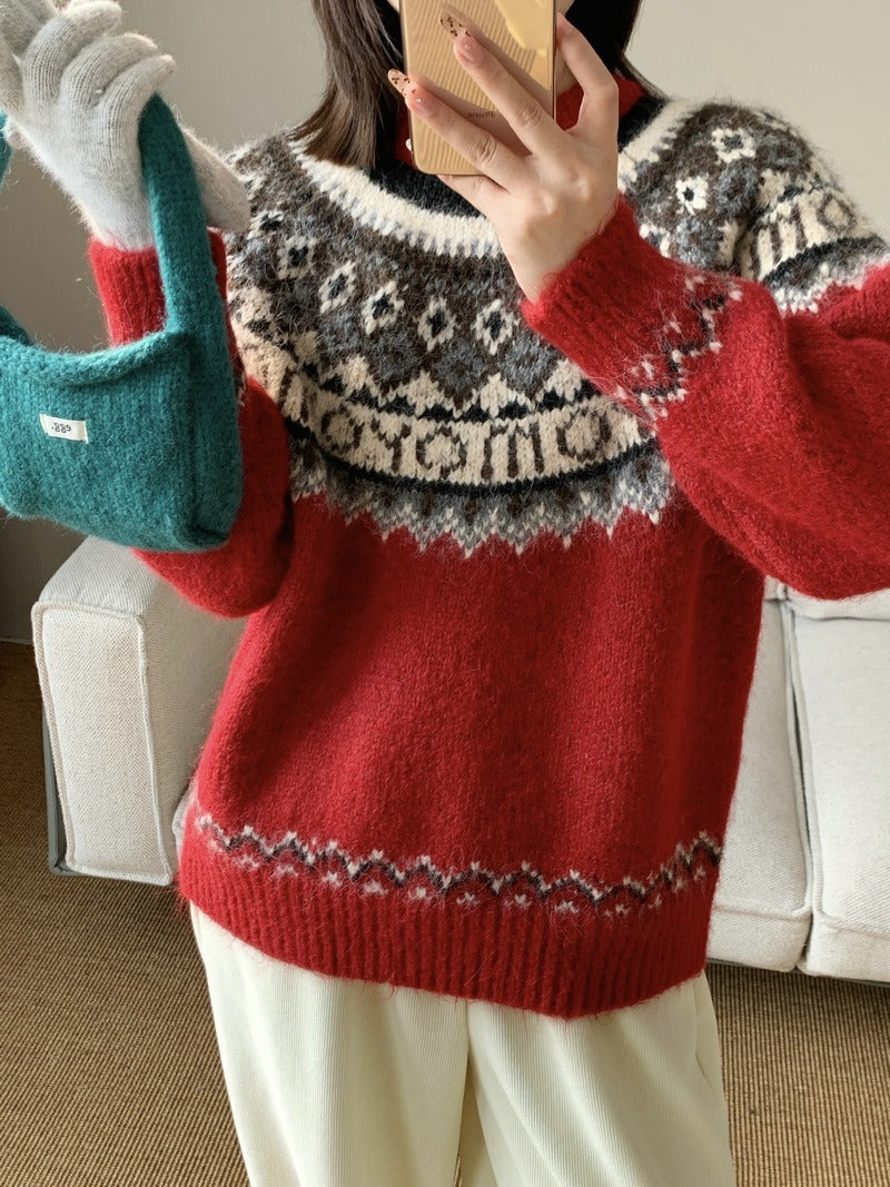 Street-Wave Womens Cozy Chunky Wool Knit Sweater With Contemporary Norwegian Patterns For Winter