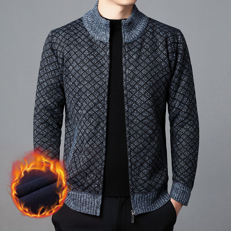 Street-wave Mens Knit Cardigan With High Collar And Innovative Pattern For All Season Warmth
