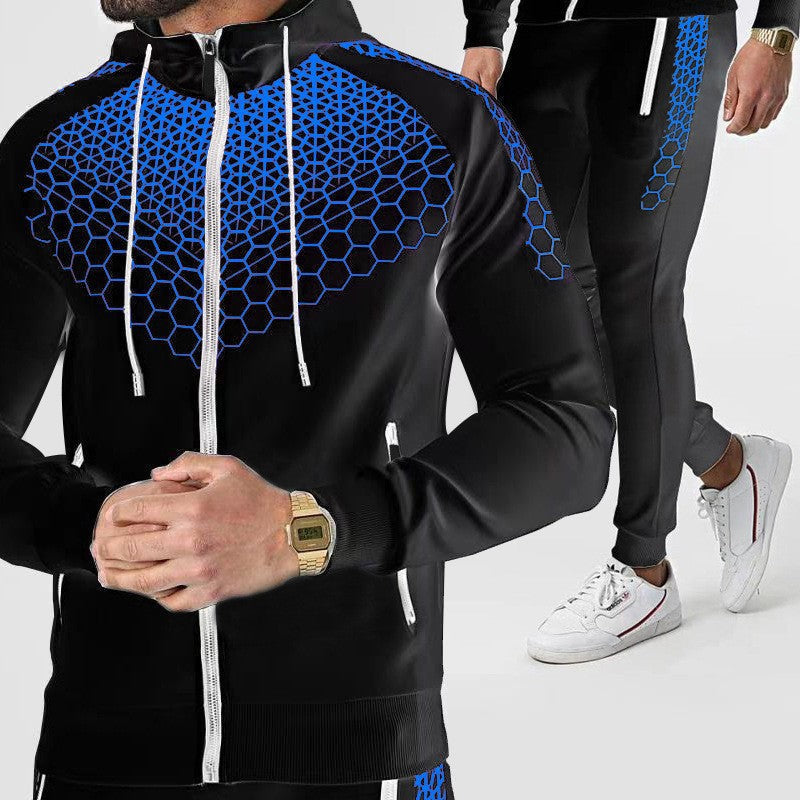 Men's Athletic Tracksuit Set From Street Wave With Innovative Honeycomb Pattern And Zipper Front For Active Men