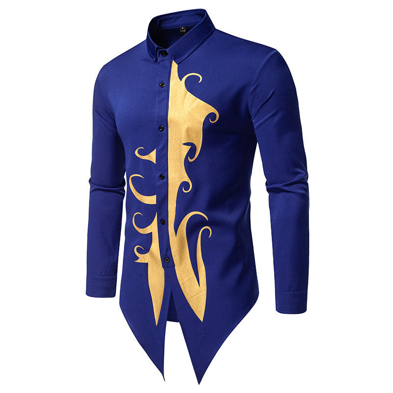 Street-wave Mens Long Sleeve Shirt With Gold Motif And Modern Cut For Style Conscious Men