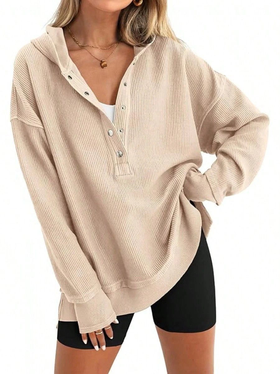 Street-Wave Women's Ribbed Hoodie With Button Placket, Drop Shoulders, And Relaxed Fit For Casual All Day Comfort