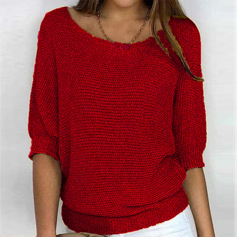 Street-wave Solid Color Knit Pullover for Women with Three-Quarter Sleeves, Cotton-Acrylic Blend