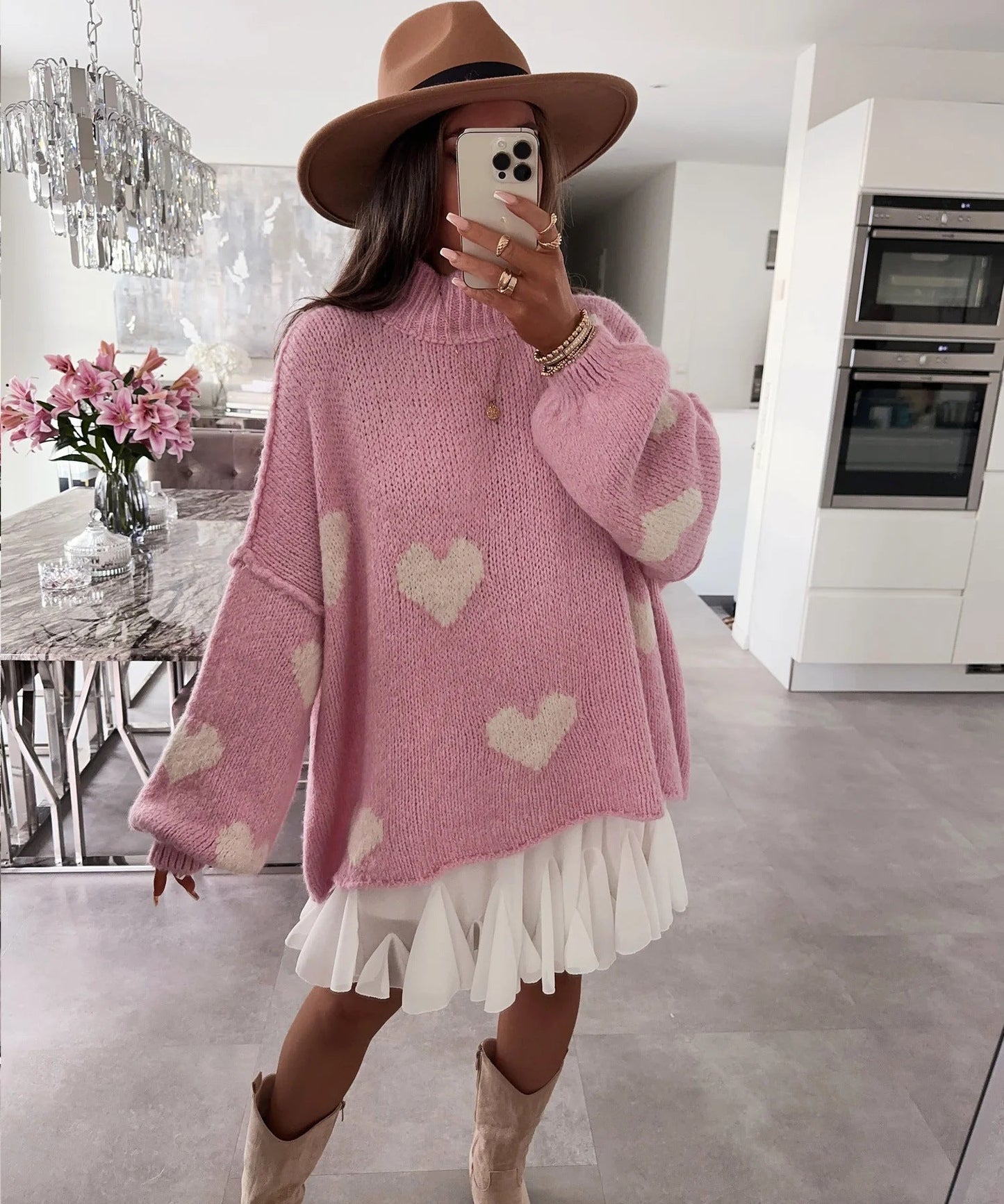 Street Wave Cozy Knit Sweater For Women With Heart Motifs And Relaxed Casual Fit