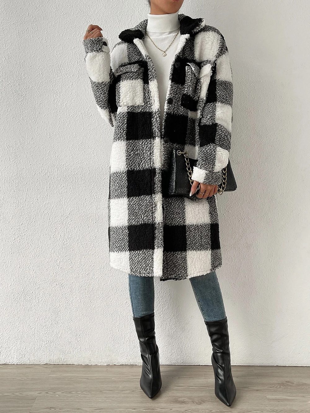 Street Wave Teddy Coat With Pink White Check Pattern Cozy Warm For Women Autumn Essential
