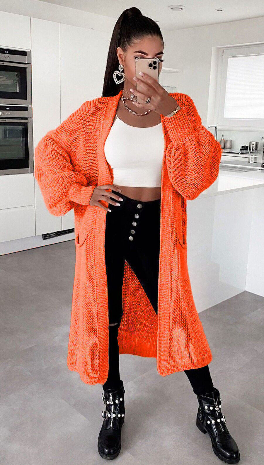 Street-wave Women’s Long Knit Cardigan With Chunky Knit Texture And Practical Pockets