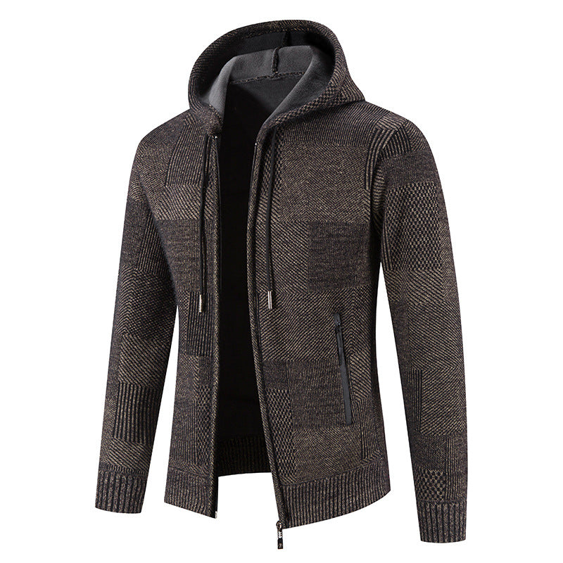 Street-Wave Men's Hooded Knit Cardigan With Modern Textured Panels And Soft Comfort
