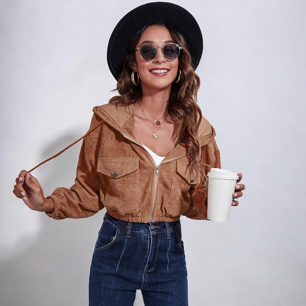 Street Wave Corduroy Cropped Jacket For Women Soft Texture Modern Chic Outerwear