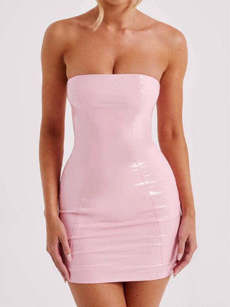 Street-wave Shiny Pink Strapless Mini Dress For Women, Figure-Hugging Glossy Bodycon Evening Dress
