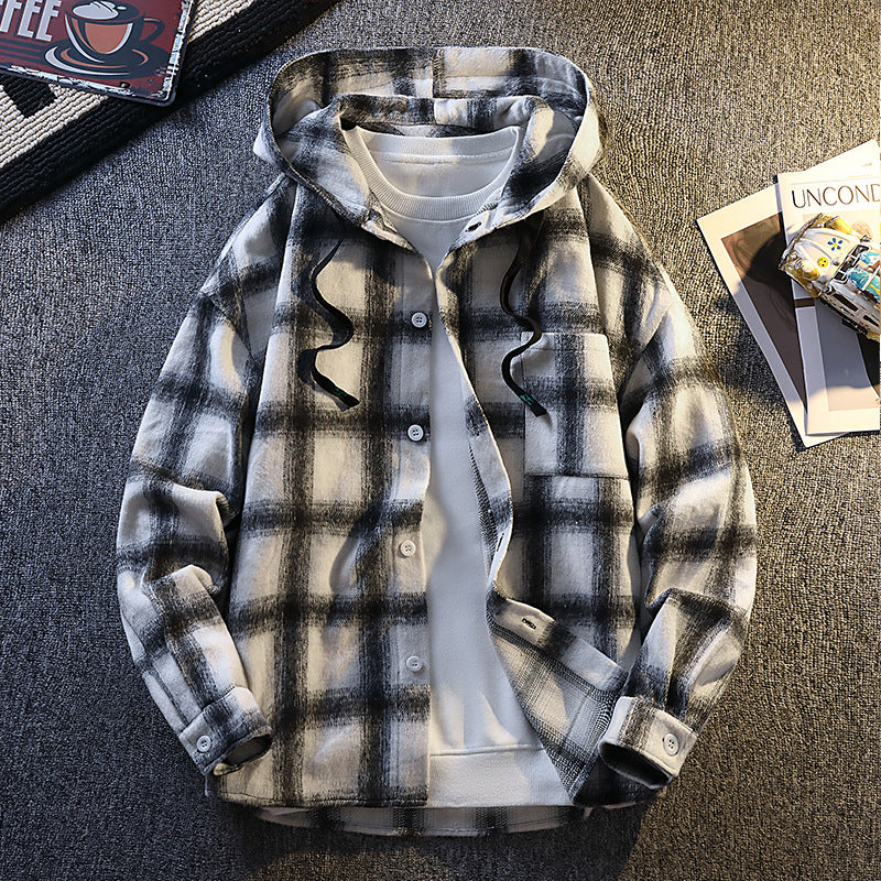 Street-Wave Mens Plaid Flannel Hooded Jacket With Button Closure For Casual Winter Wear