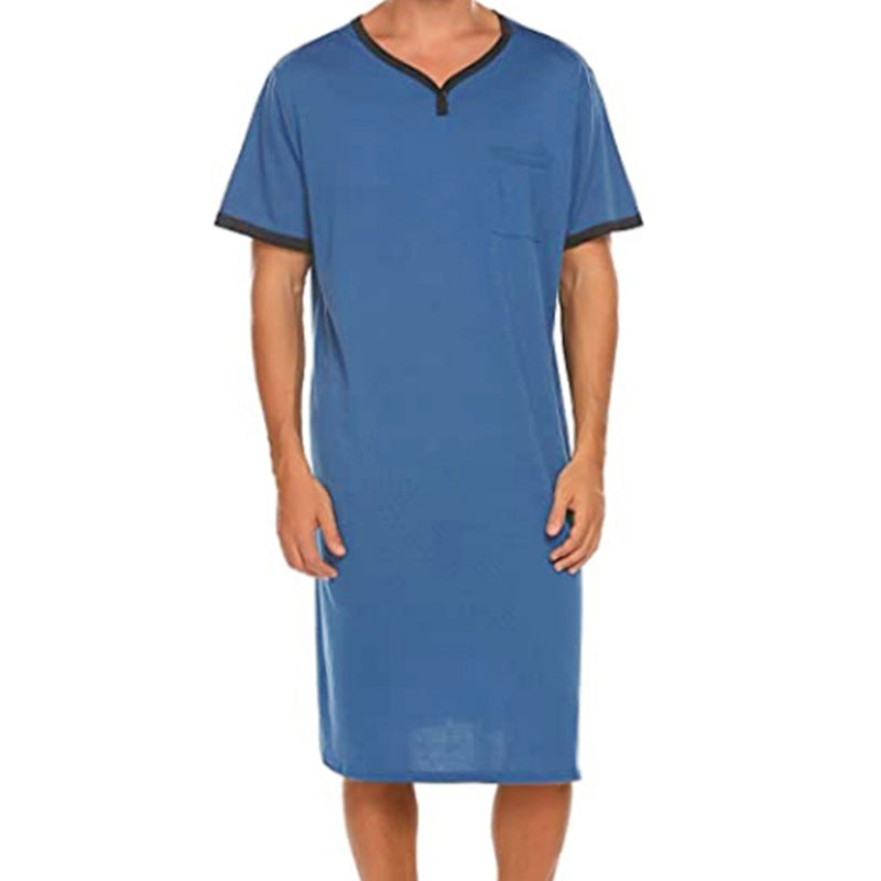 Street Wave Mens Nightshirt V Neck With Chest Pocket Breathable Sleepwear For Men