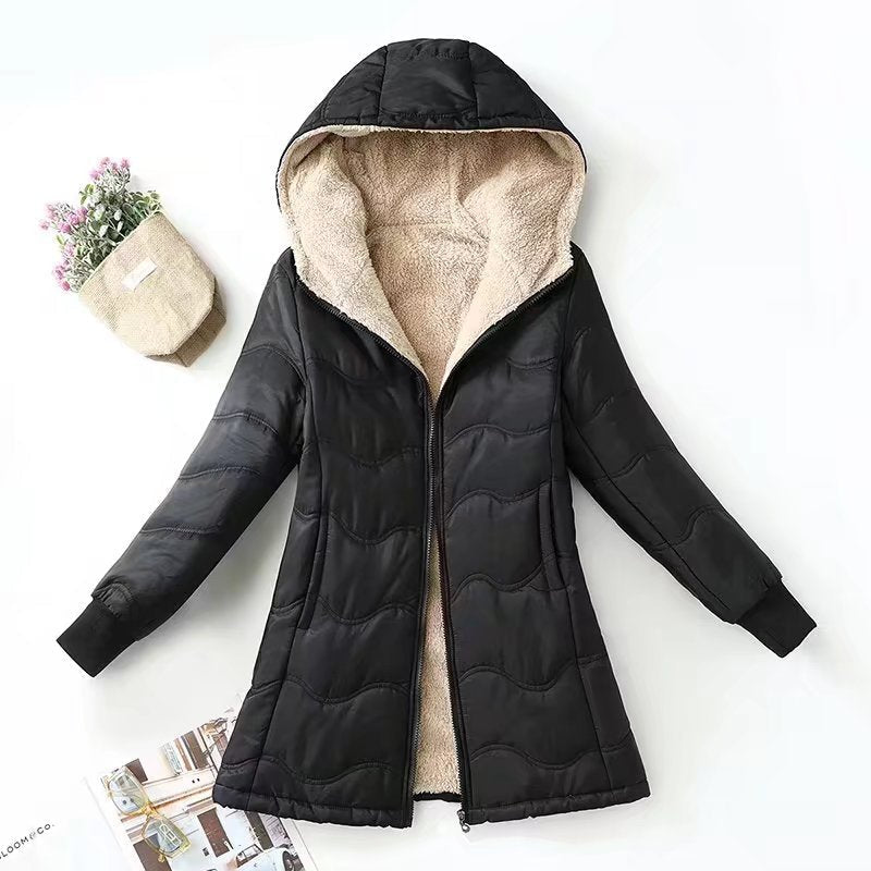 Street-wave Sherpa-Lined Padded Coat with Hood for Women Ultra Warm Mid-Length Casual