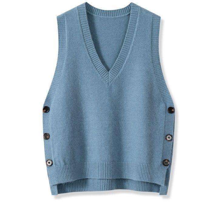 Street-Wave Womens Knit Vest With V-Neck And Button Details For Stylish Office To Casual Layering