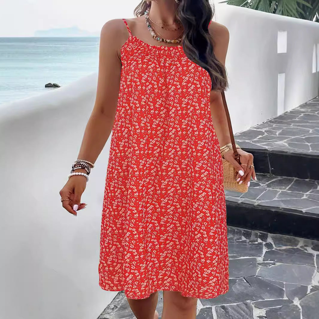 Street-Wave Floral Swing Dress Women Adjustable Straps