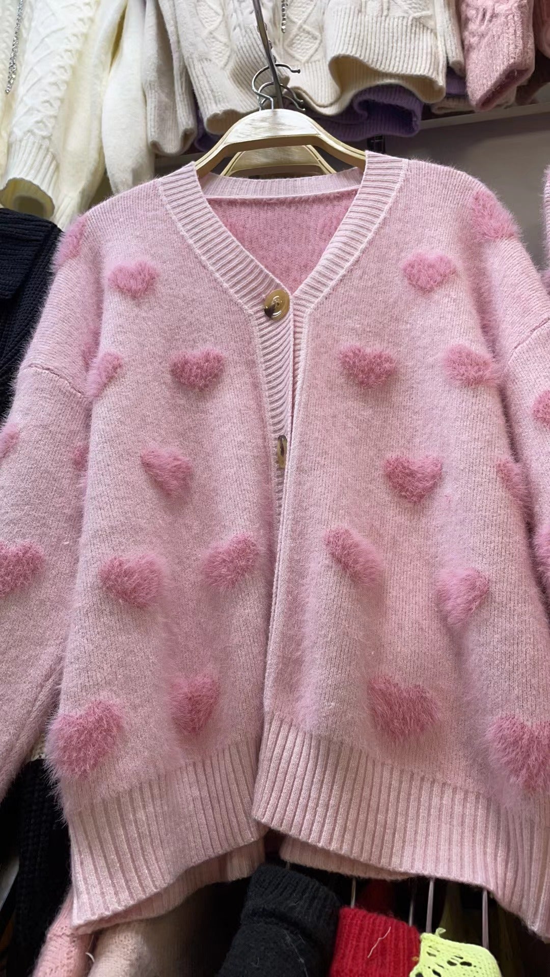 Street Wave Women Cozy Heart Print Cardigan Soft Knit With Plush Wool And Button Details