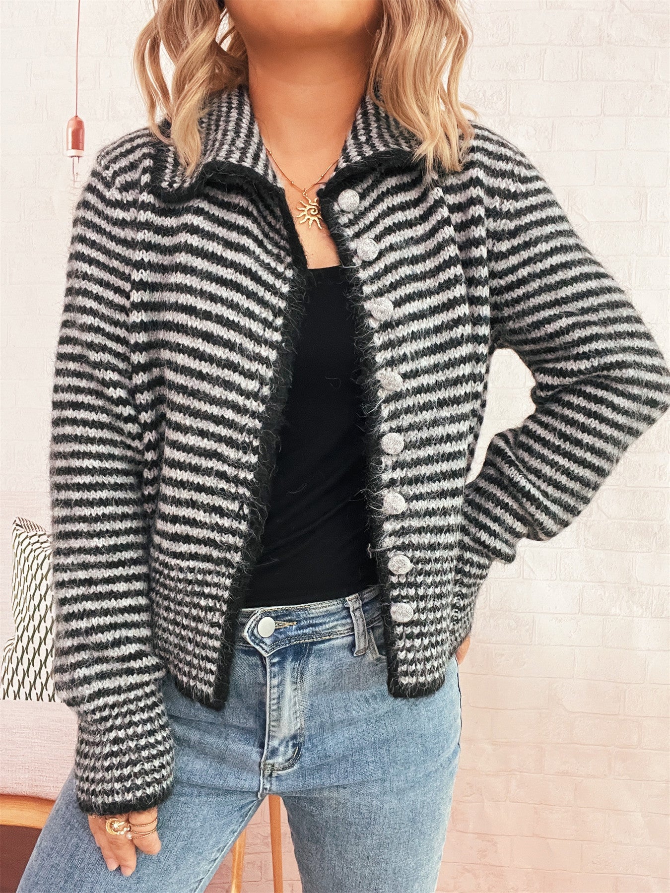 Street-wave Women's Striped Knit Short Jacket With Fluffy Buttons For Everyday Chic