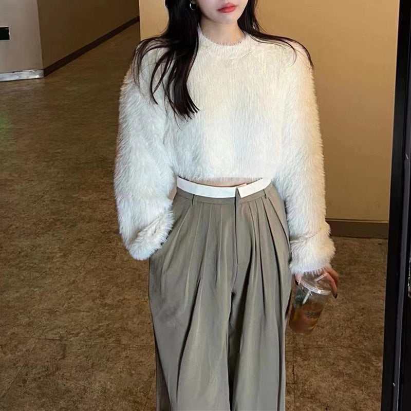 Street-wave Women's Fluffy Cropped Sweater Soft Plush Knit Cozy Chic Everyday Top