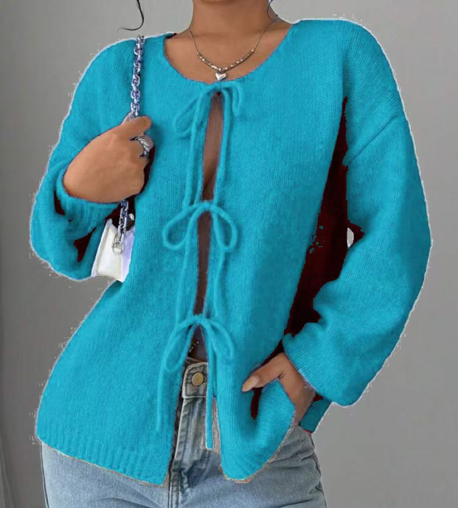 Street-Wave Women Oversized Knit Sweater With Decorative Tie-Front Detail For Cozy Everyday Style
