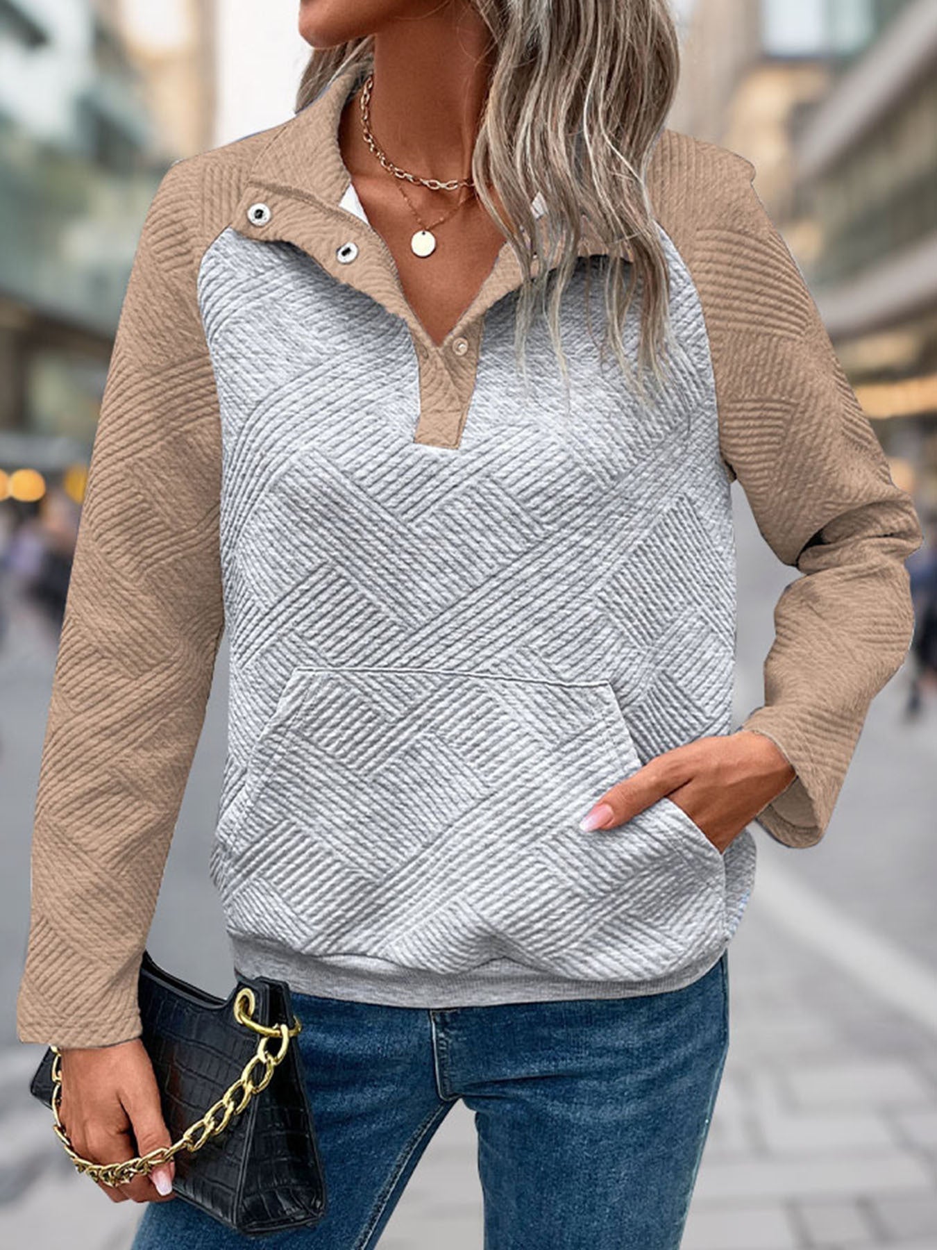 Street-wave Women's Stand Collar Pullover With Textured Geometric Knit For Everyday Comfort And Stylish Look
