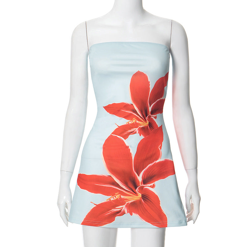 Women's Strapless Mini Dress – Bodycon Fit – Floral Print – Elegant Party Look