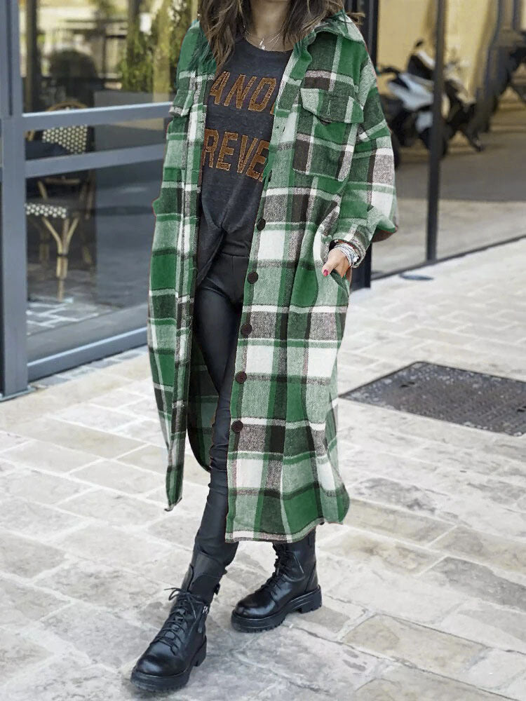 Street-wave Women's Plaid Long Coat With Practical Pockets, Cozy Transit Outerwear