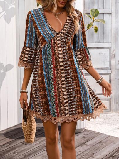 Street-Wave Boho Aline Dress With V Neck And Lace Trim For Women