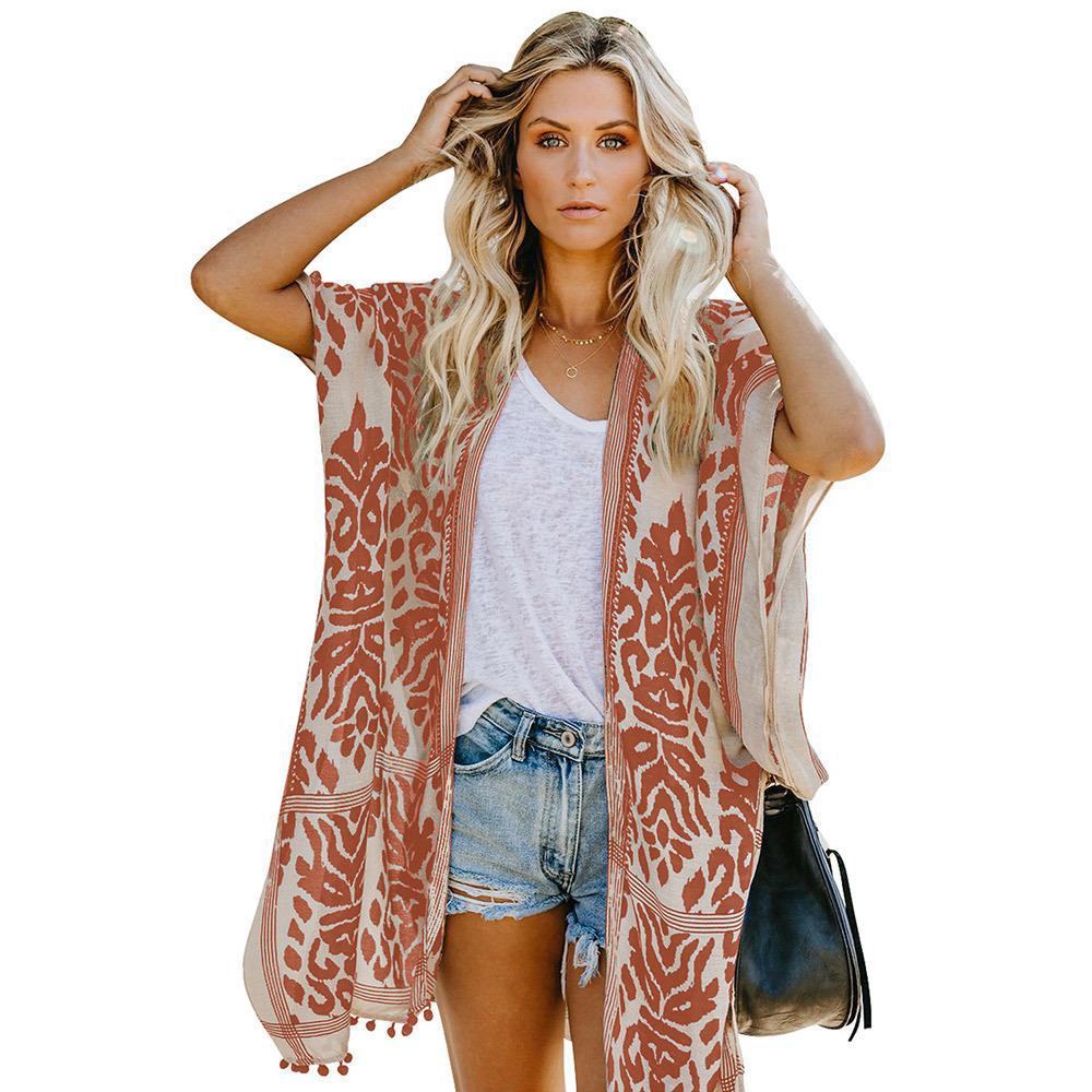 Kimono Cardigan For Women Lightweight Airy Patterned Boho With Fringed Hem Street Wave