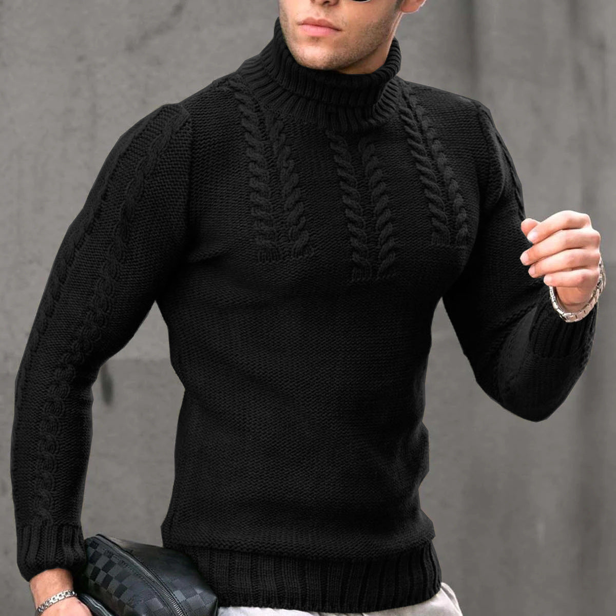 Street-Wave Men's Stand Collar Cable Knit Sweater for Modern Warmth and Everyday Comfort