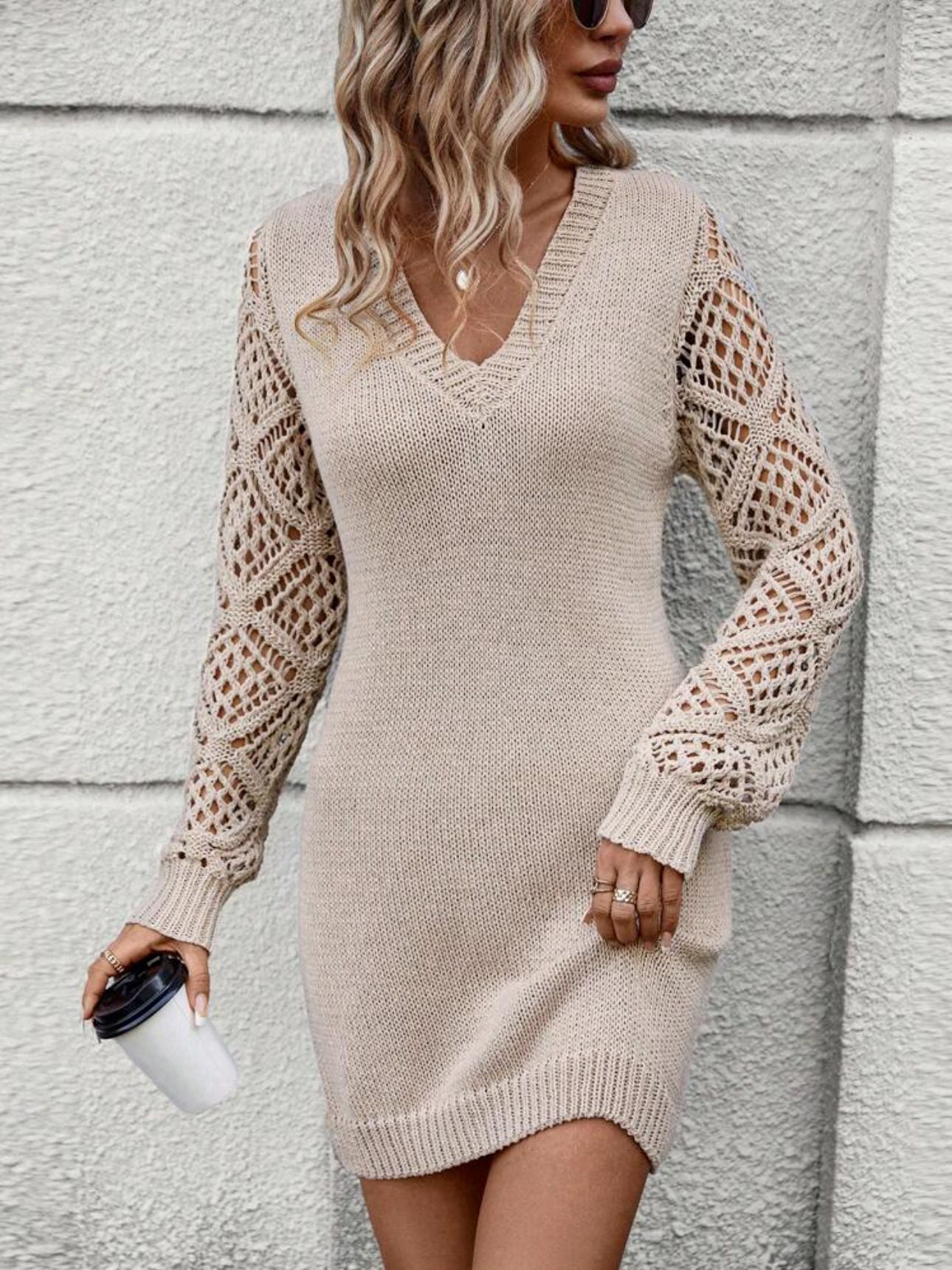 Street-Wave Women Knit Dress With V-Neck And Airy Crochet Sleeves Elegant All-Occasion Style