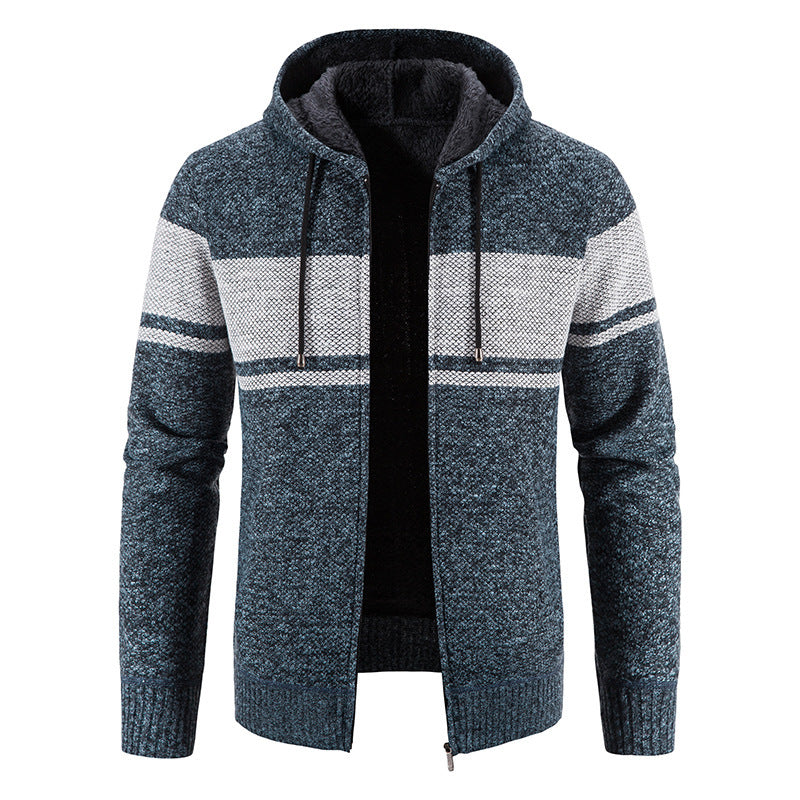Mens Hooded Cardigan With Contrast Stripe Pattern By Street Wave Warm Knit Jacket