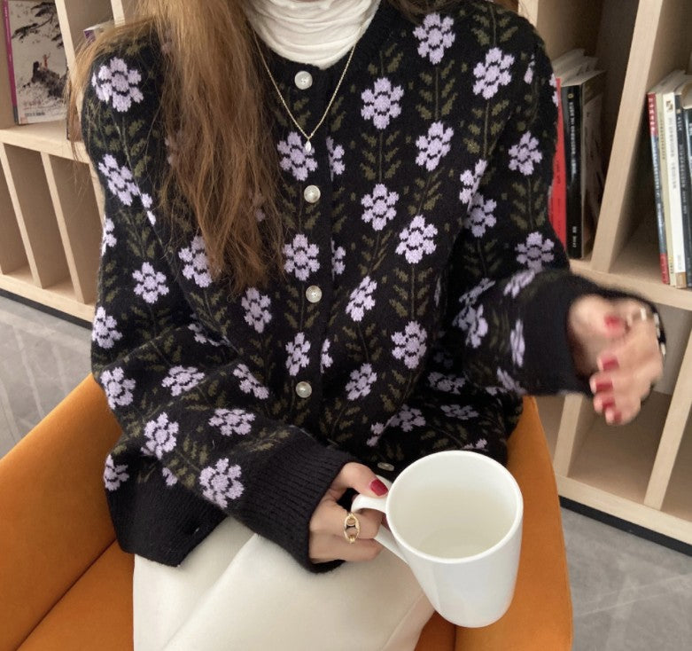Street-Wave Women's Floral Knit Cardigan With Button Detail Soft Cotton Wool Blend