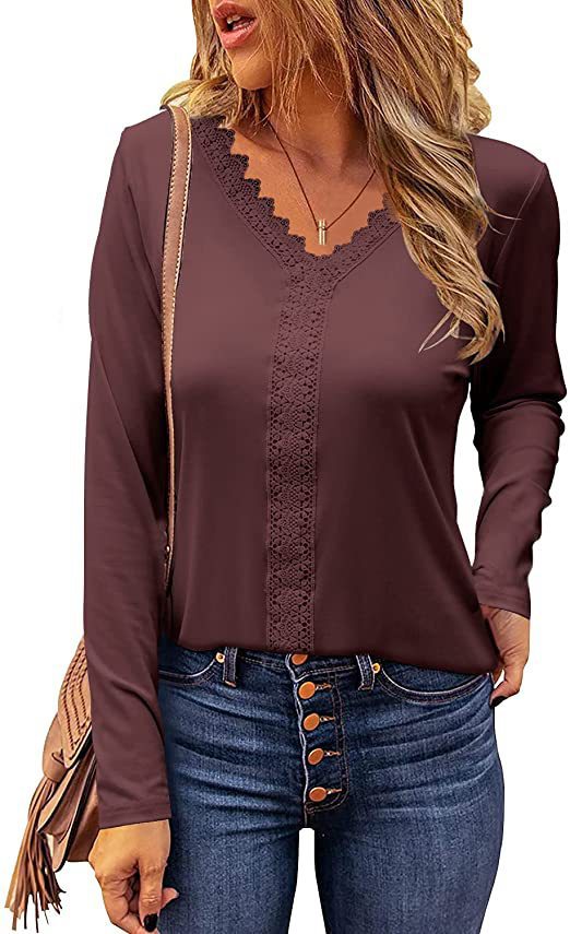 Street-wave Women Elegant V-Neck Lace Trim Long Sleeve Top - Versatile Chic Office To Weekend Wear