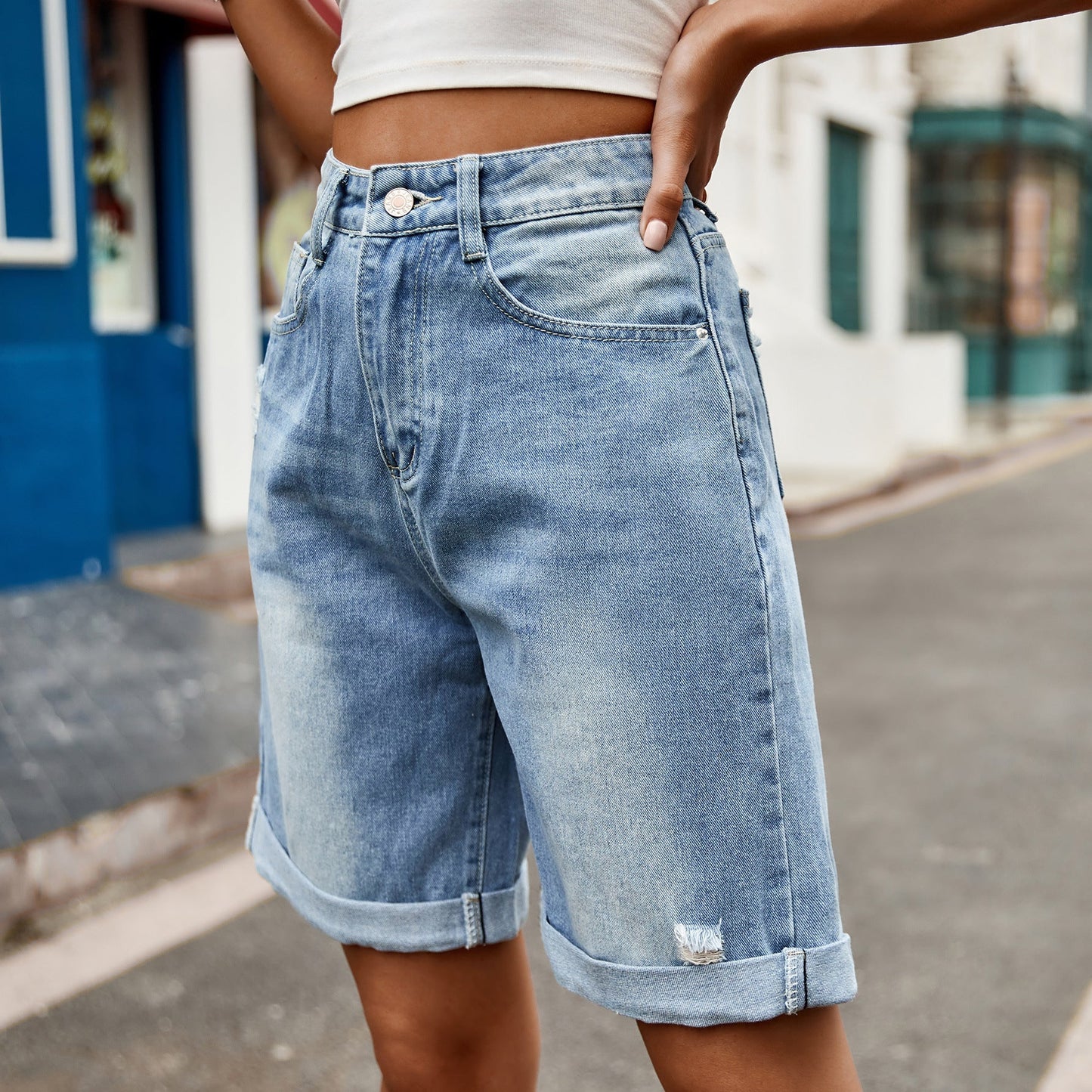 Streetwave Women Denim Shorts With Rolled Hem Relaxed Fit For Casual Summer Comfort