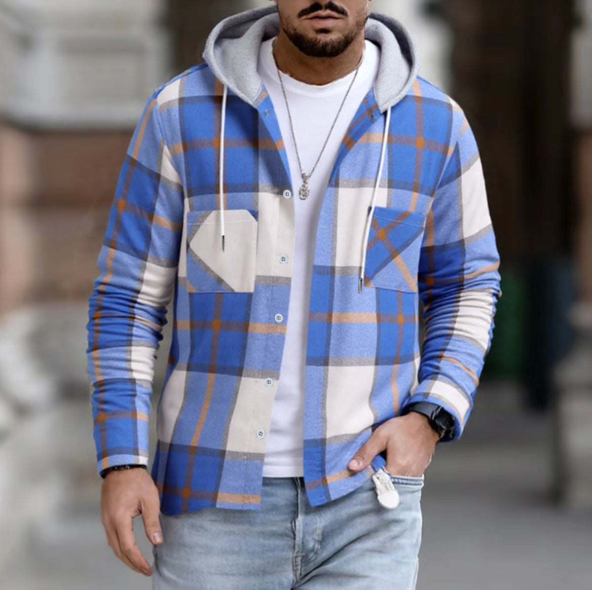 Street-wave Men's Hooded Plaid Casual Jacket With Easy Care Fabric For Effortless Everyday Style