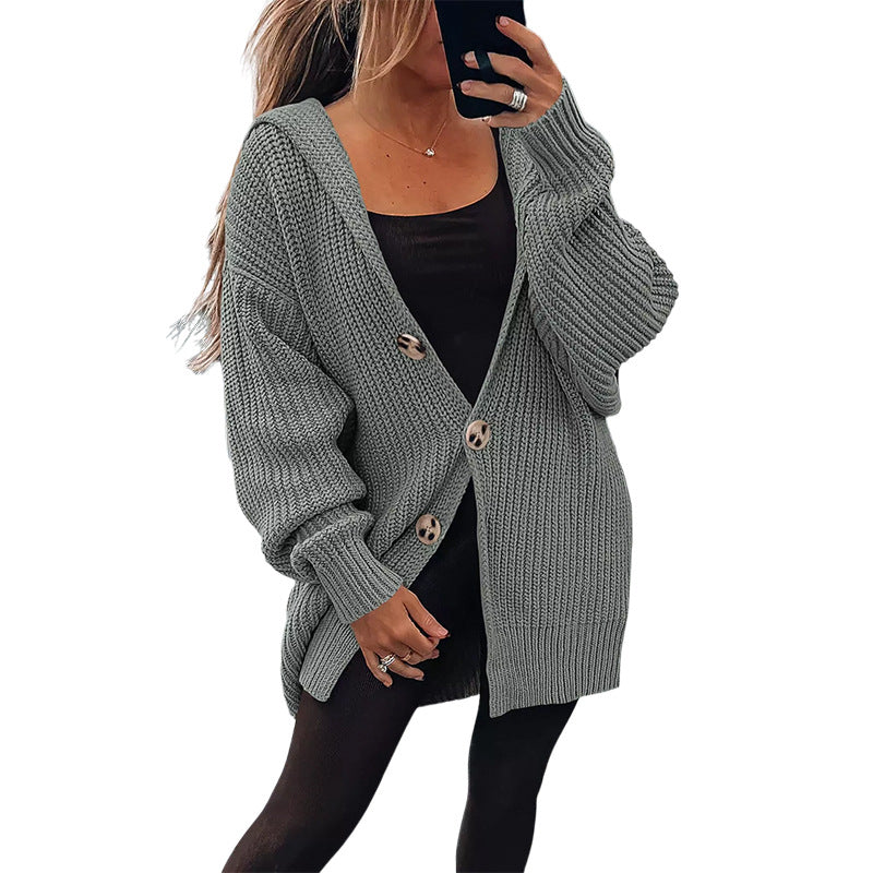 Street Wave Women's Oversized Knit Cardigan With Wooden Buttons Cozy Soft Comfort