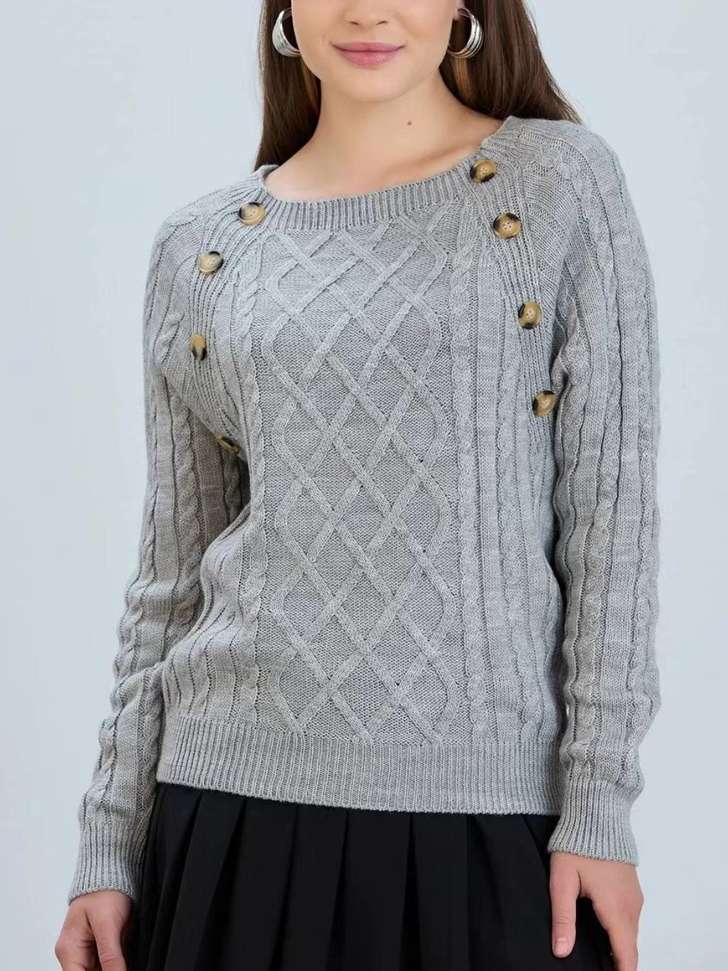 Street-Wave Women's Diamond Knit Pullover With Decorative Buttons Cozy Classic Sweater
