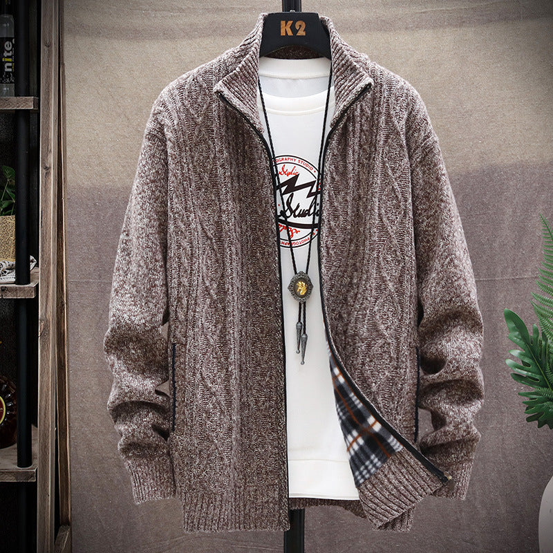 Streetwave Men's Knit Cardigan With Faux Leather Details And High Collar For Cozy Cold Weather