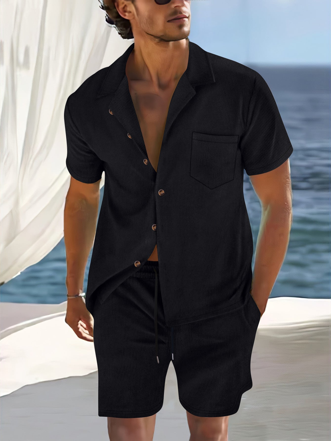 Men's Set With Shirt And Shorts Relaxed Fit Cuban Collar Light Cotton Blend For Summer