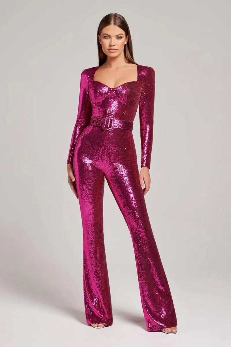 Street-Wave Sequin Jumpsuit for Women - Glamorous Belted Waist, Figure-Flattering, Showstopping Nightwear
