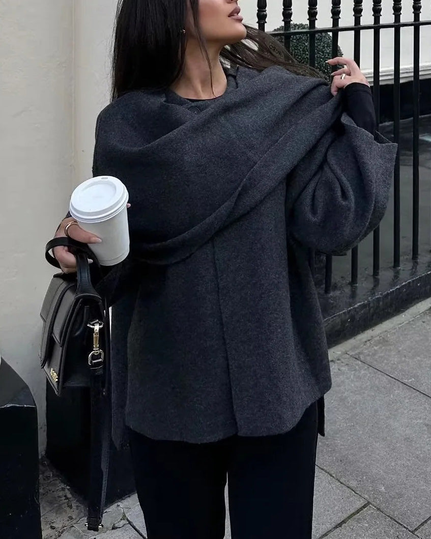 Street-wave Boulevard Asymmetrical Knit Jacket With Scarf Detail For Modern Women With Elegant Silhouette