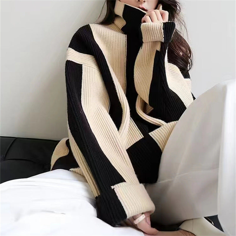 Damen Oversized Strickkleid mit hohem Kragen und grafischem Muster Street-wave - Street-wave