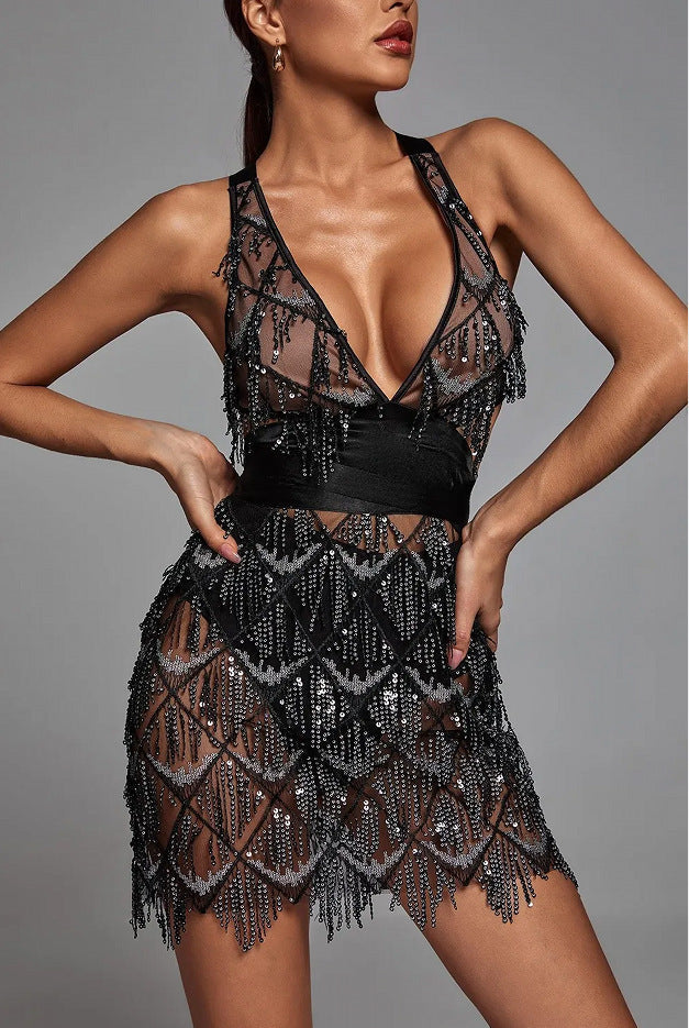 Street-Wave Sequin Fringe Midi Dress For Women Glam Showstopper