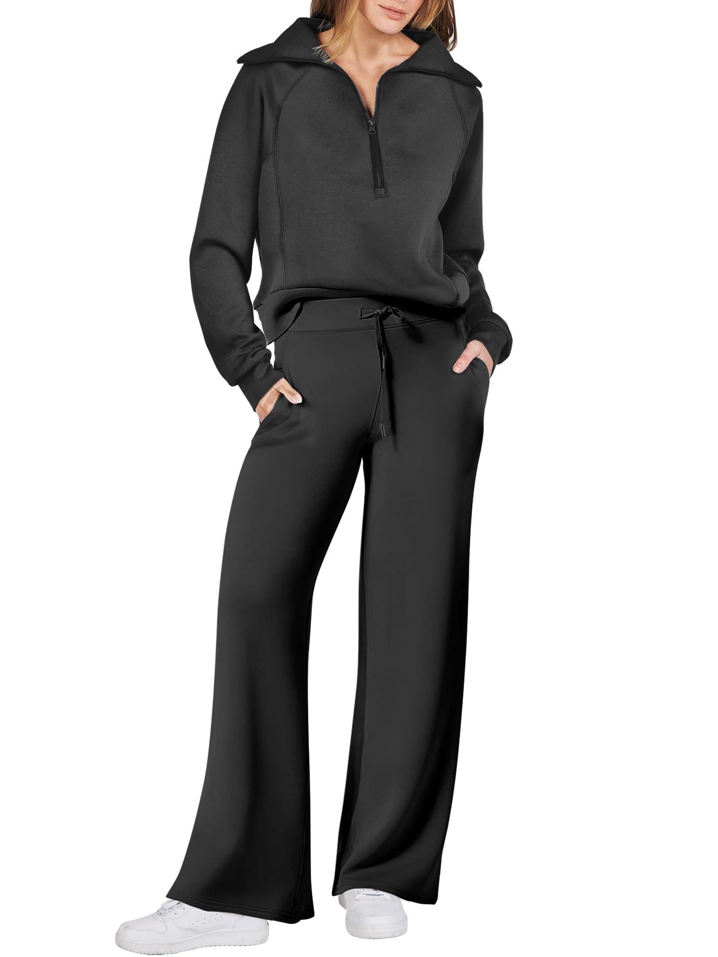Street-wave Women’s Cozy Two Piece Set With Zip Front And Pockets Casual Loungewear For Home