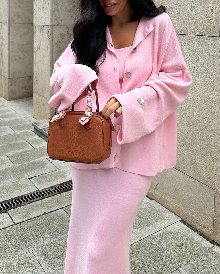 Street-wave Cozy Knit Three-Piece Set For Women, Long-Sleeve Cardigan Top Skirt Casual Wear