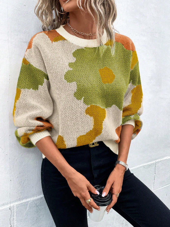 Street-wave Patterned Balloon Sleeve Knit Sweater Bold Relaxed Fit Round Neck For Women