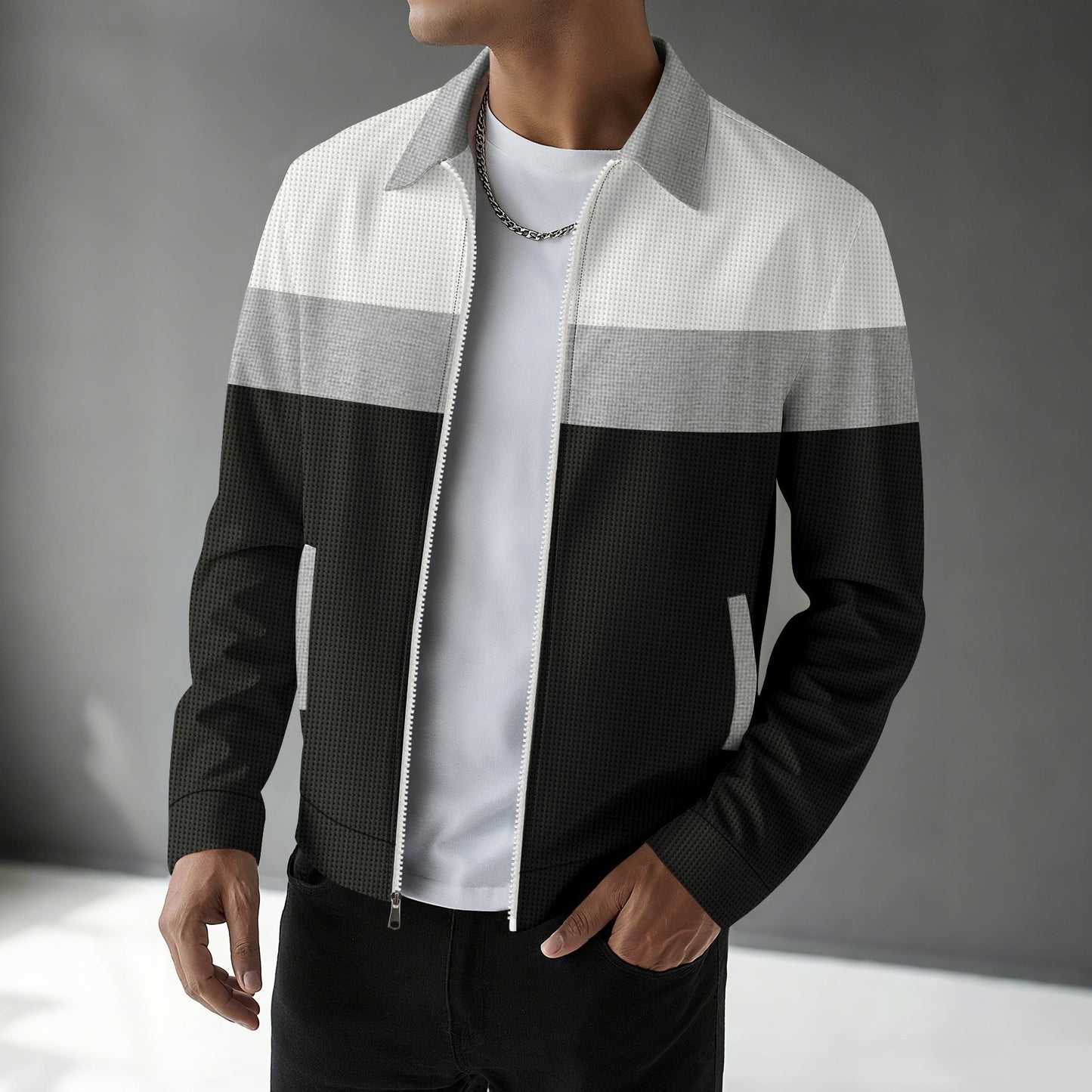 Men's Street-wave Bomber Jacket With Textured Fabric And Color Block Contrast For Modern Men